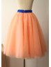 Peach Pink Tulle Royal Blue Satin Belt Short Skirt